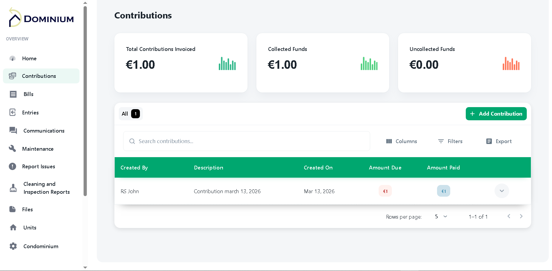 Dominium contributions and finance screen
